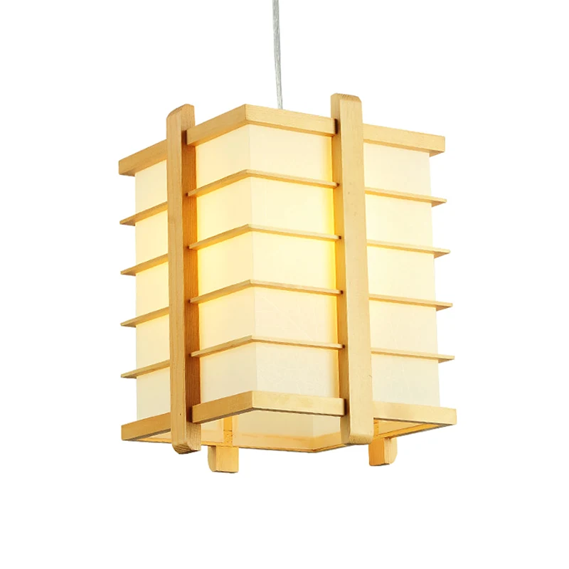 Houten draadkooi kubusvormige hanglamp Japanse enkele plafondophanglamp beige Clearhalo