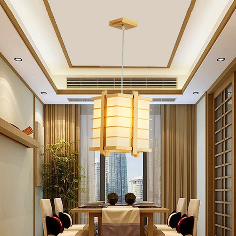Houten draadkooi kubusvormige hanglamp Japanse enkele plafondophanglamp beige Clearhalo