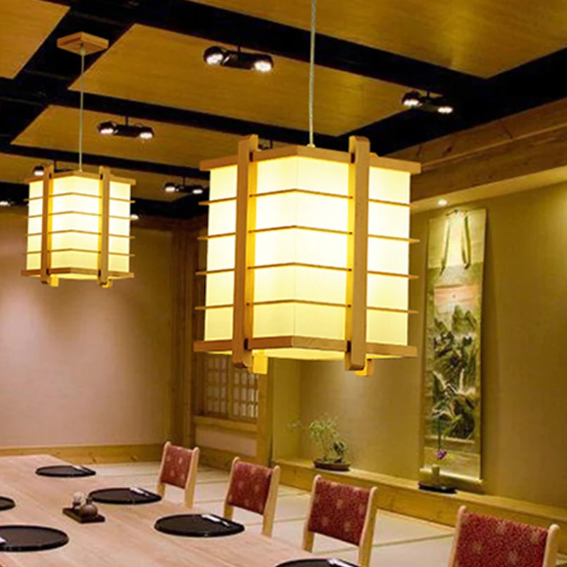 Houten draadkooi kubusvormige hanglamp Japanse enkele plafondophanglamp beige Clearhalo