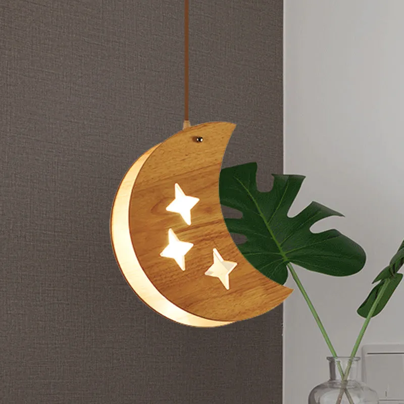 Houten dubbele ster/maan paneelhanglamp Cartoon 1-lichts hanglamp beige voor restaurant Clearhalo