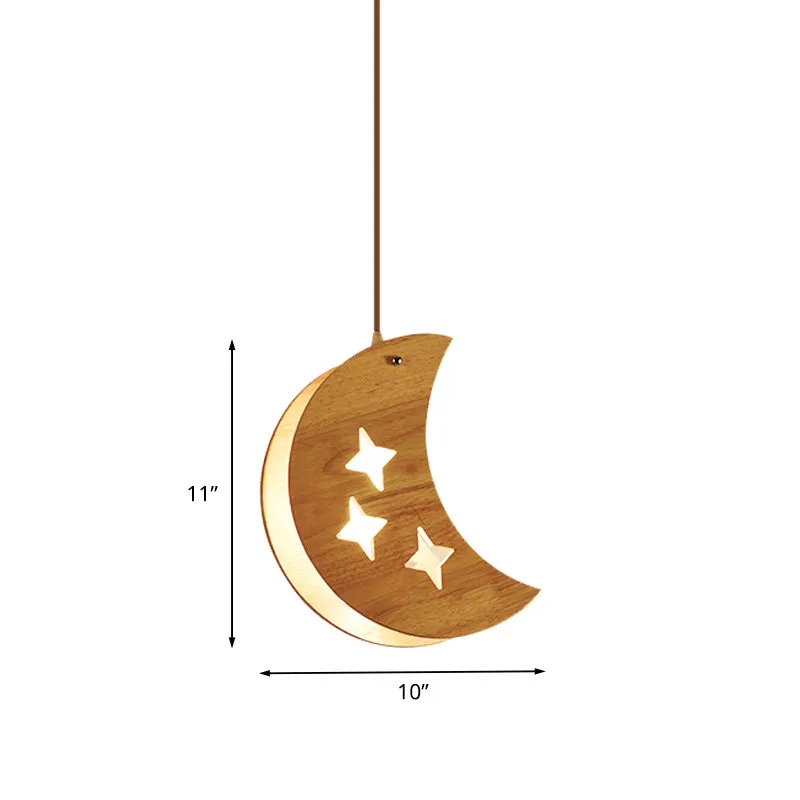 Houten dubbele ster/maan paneelhanglamp Cartoon 1-lichts hanglamp beige voor restaurant Clearhalo