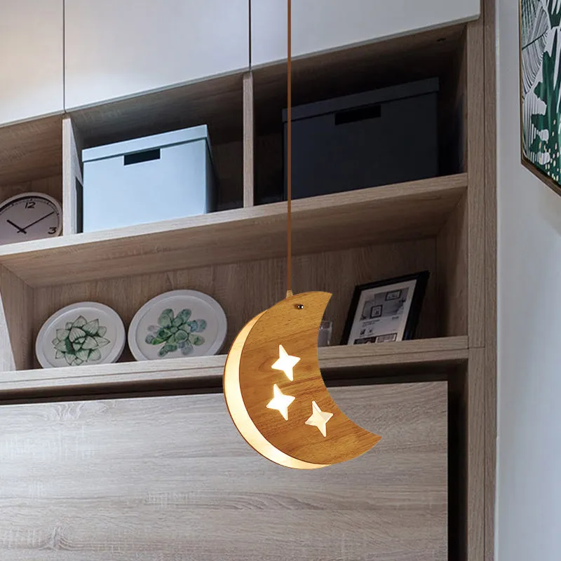 Houten dubbele ster/maan paneelhanglamp Cartoon 1-lichts hanglamp beige voor restaurant Clearhalo