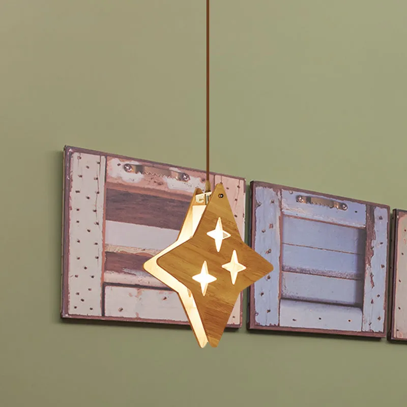 Houten dubbele ster/maan paneelhanglamp Cartoon 1-lichts hanglamp beige voor restaurant Clearhalo