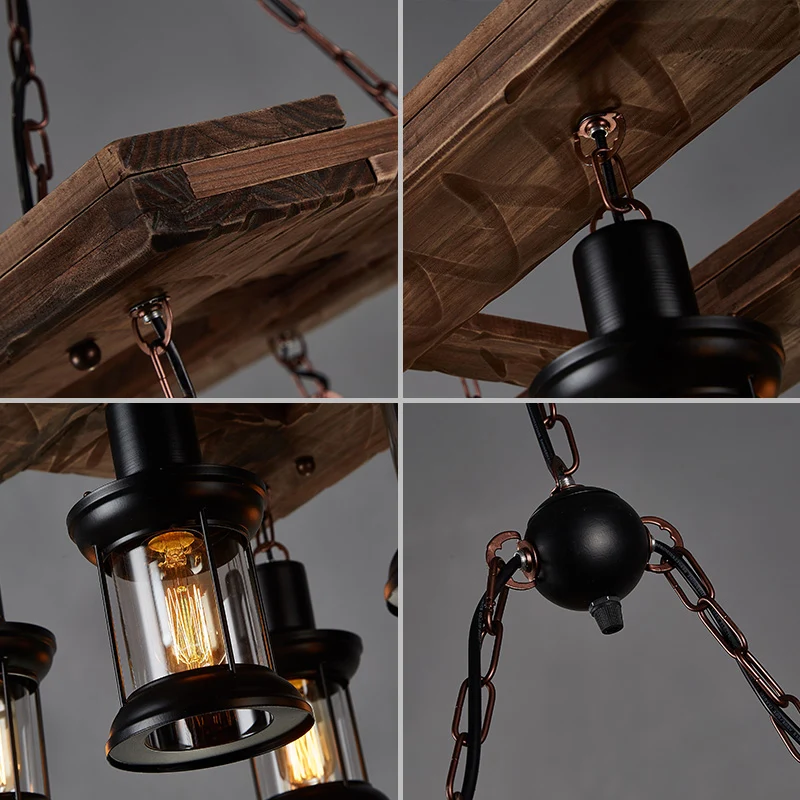 Houten eilandplafondlamp met 8 lampen Boerderij helderglazen lantaarn hangend verlichtingsarmatuur Clearhalo