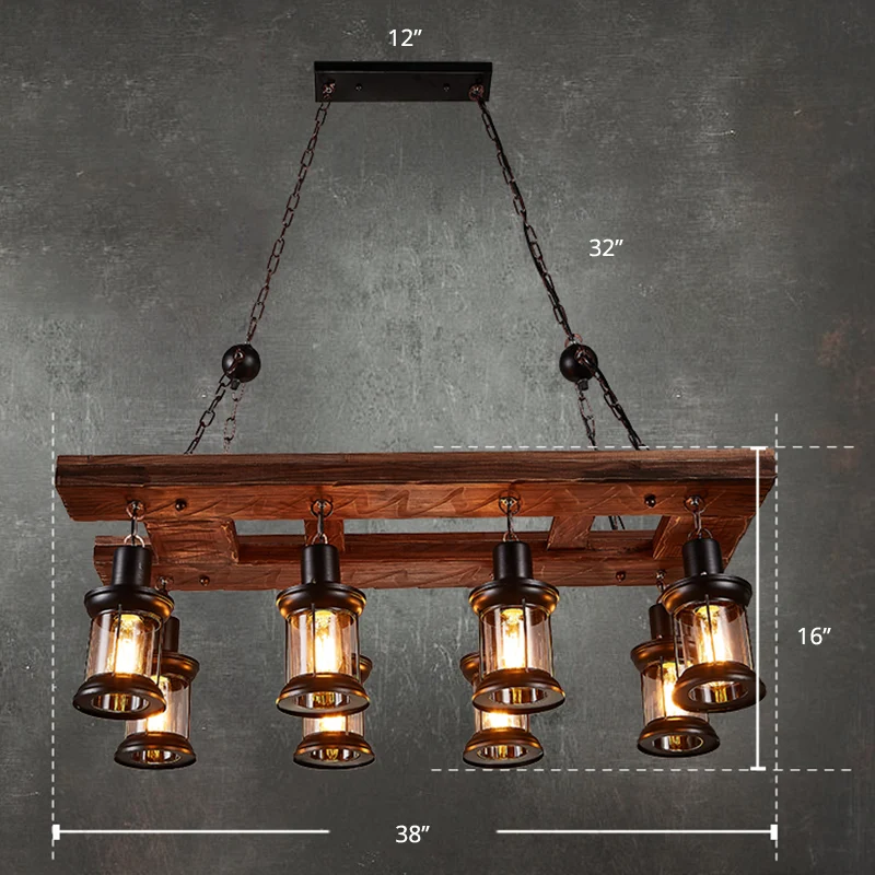 Houten eilandplafondlamp met 8 lampen Boerderij helderglazen lantaarn hangend verlichtingsarmatuur Clearhalo
