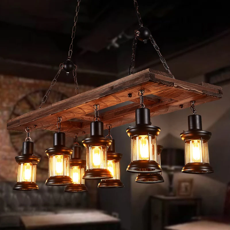 Houten eilandplafondlamp met 8 lampen Boerderij helderglazen lantaarn hangend verlichtingsarmatuur Clearhalo