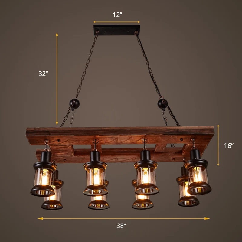 Houten eilandplafondlamp met 8 lampen Boerderij helderglazen lantaarn hangend verlichtingsarmatuur Clearhalo