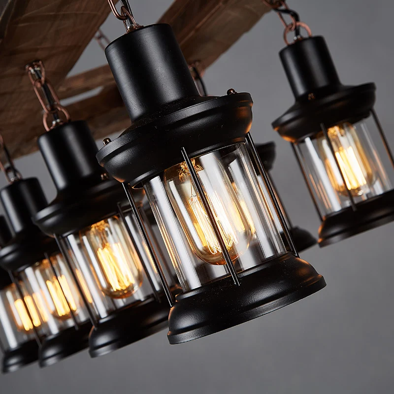 Houten eilandplafondlamp met 8 lampen Boerderij helderglazen lantaarn hangend verlichtingsarmatuur Clearhalo