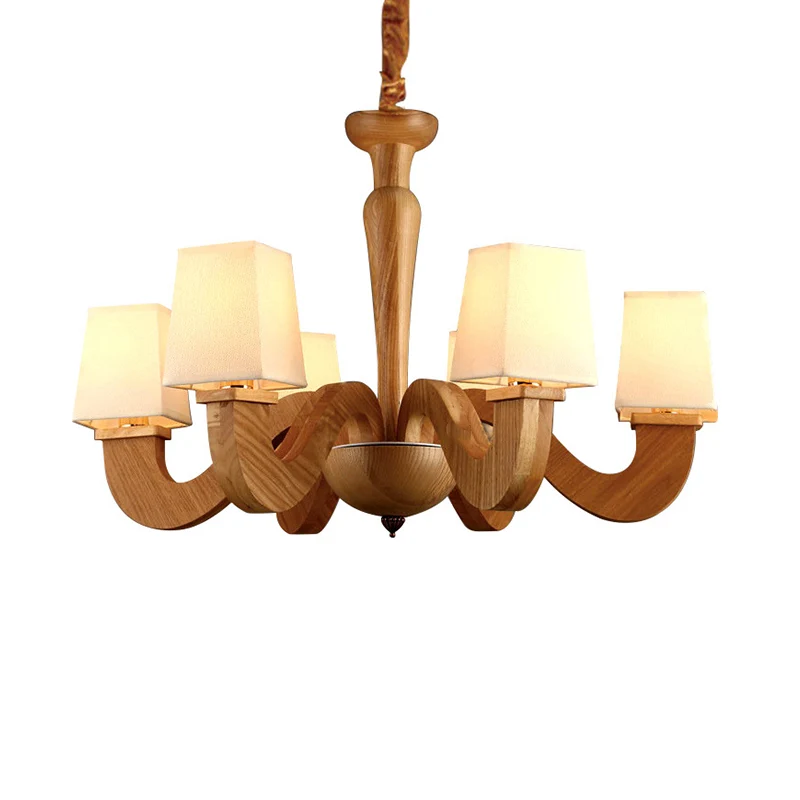 Houten gebogen arm hangende kroonluchter Modernisme 6-koppige plafondlamp met trapeziumvormige stoffen kap Clearhalo