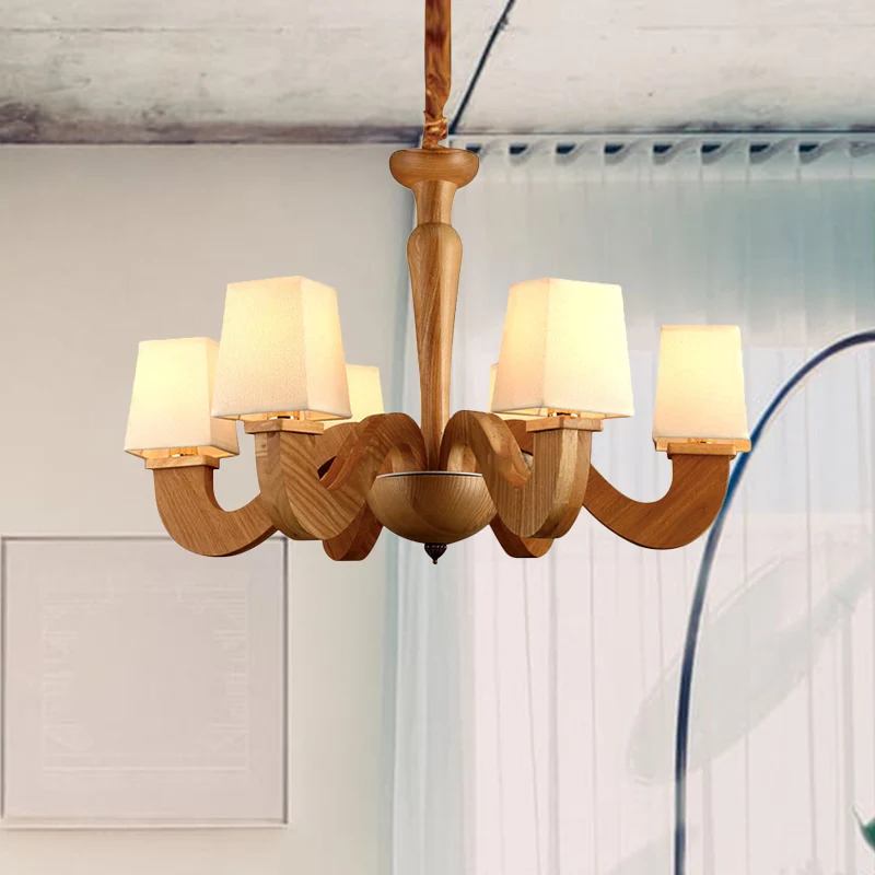 Houten gebogen arm hangende kroonluchter Modernisme 6-koppige plafondlamp met trapeziumvormige stoffen kap Clearhalo
