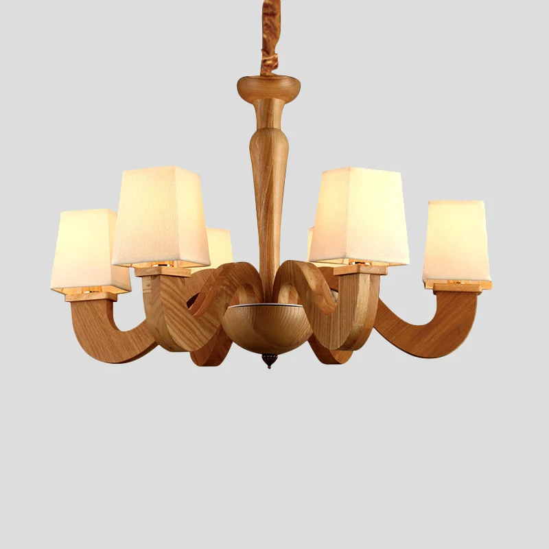 Houten gebogen arm hangende kroonluchter Modernisme 6-koppige plafondlamp met trapeziumvormige stoffen kap Clearhalo