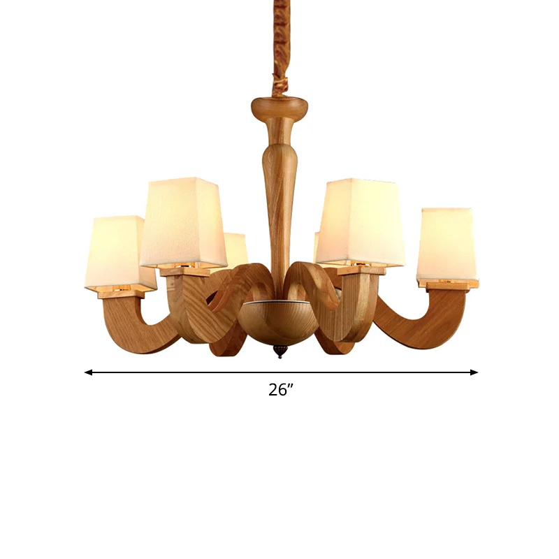 Houten gebogen arm hangende kroonluchter Modernisme 6-koppige plafondlamp met trapeziumvormige stoffen kap Clearhalo