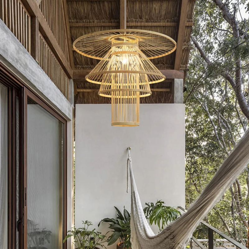 Houten gelaagde hanglamp Eenvoud 1 lamp Bamboe hanglamp voor theesalon Clearhalo