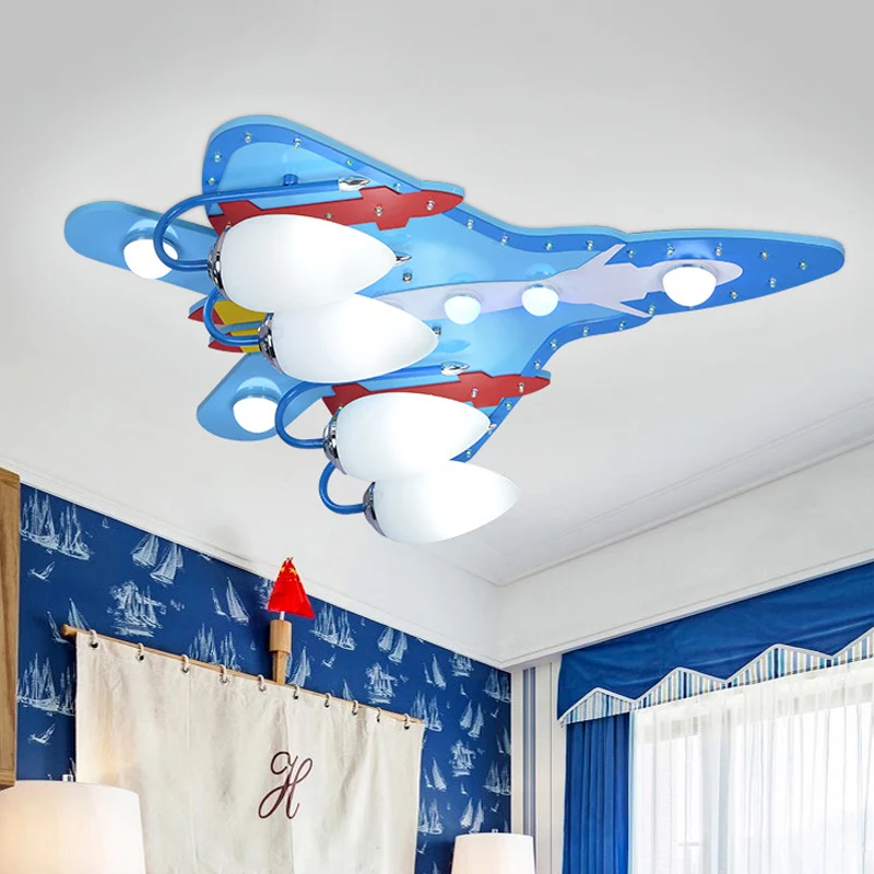 Houten gevechtsvliegtuig plafondlamp 4-lamps coole plafondlamp blauw voor verpleegkamer Clearhalo
