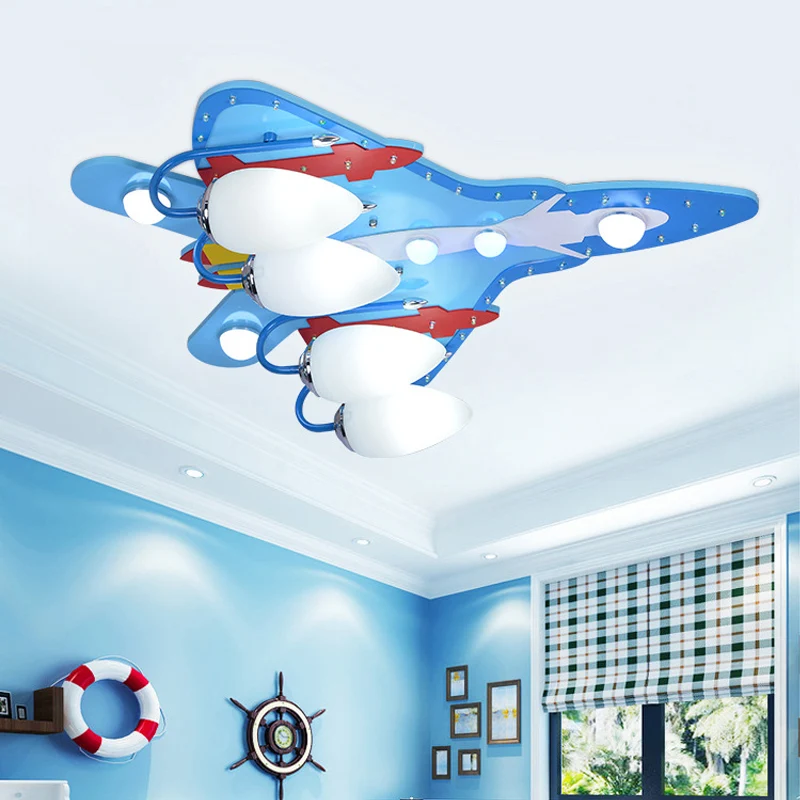 Houten gevechtsvliegtuig plafondlamp 4-lamps coole plafondlamp blauw voor verpleegkamer Clearhalo