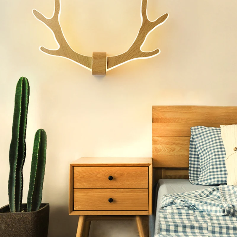 Houten gewei wandkandelaar Lamp Scandinavische stijl LED-wandverlichtingsarmatuur voor gang Clearhalo