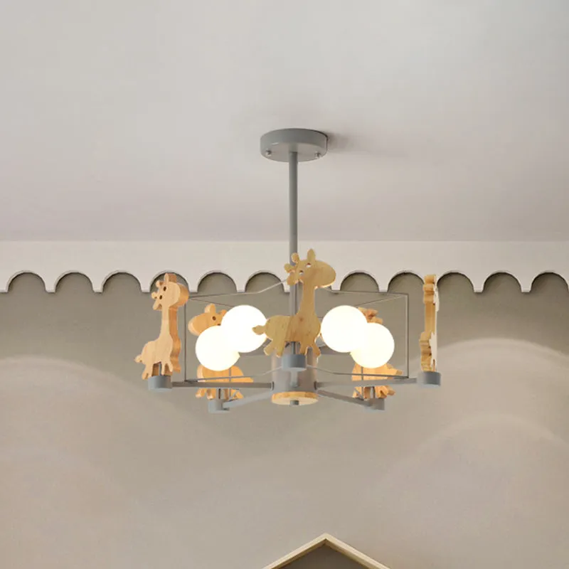 Houten giraffe plafondarmatuur kinderen 5-lichts grijs/roze/groen semi-inbouwlamp met sterijzeren frame Clearhalo