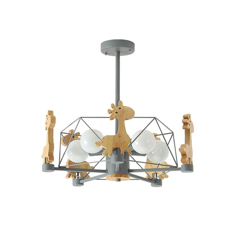 Houten giraffe plafondarmatuur kinderen 5-lichts grijs/roze/groen semi-inbouwlamp met sterijzeren frame Clearhalo