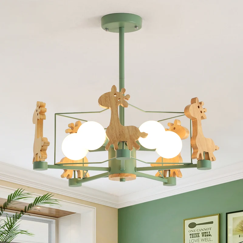 Houten giraffe plafondarmatuur kinderen 5-lichts grijs/roze/groen semi-inbouwlamp met sterijzeren frame Clearhalo