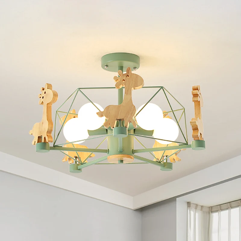 Houten giraffe plafondarmatuur kinderen 5-lichts grijs/roze/groen semi-inbouwlamp met sterijzeren frame Clearhalo