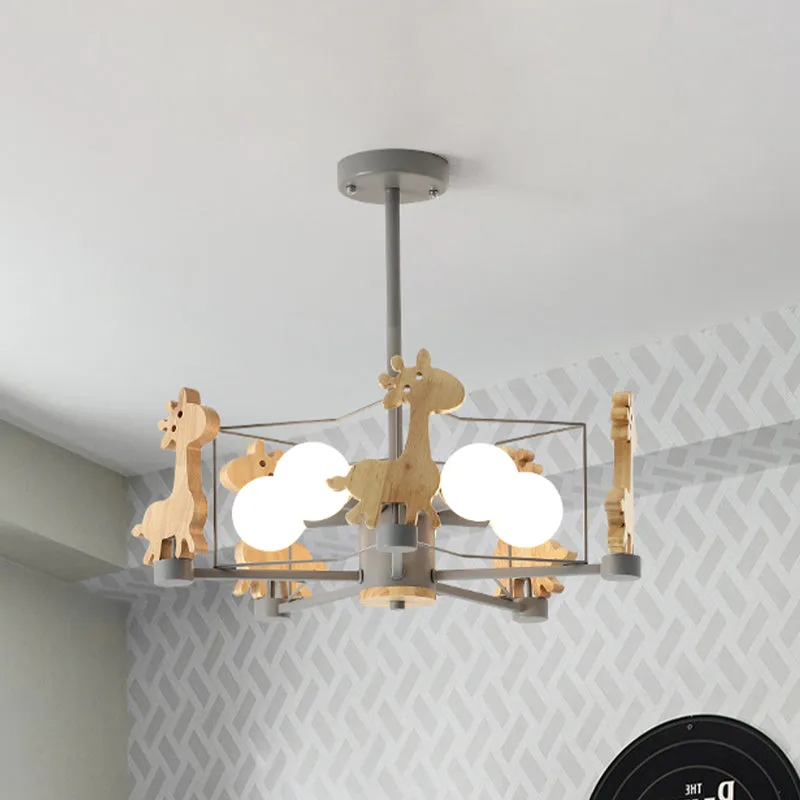 Houten giraffe plafondarmatuur kinderen 5-lichts grijs/roze/groen semi-inbouwlamp met sterijzeren frame Clearhalo