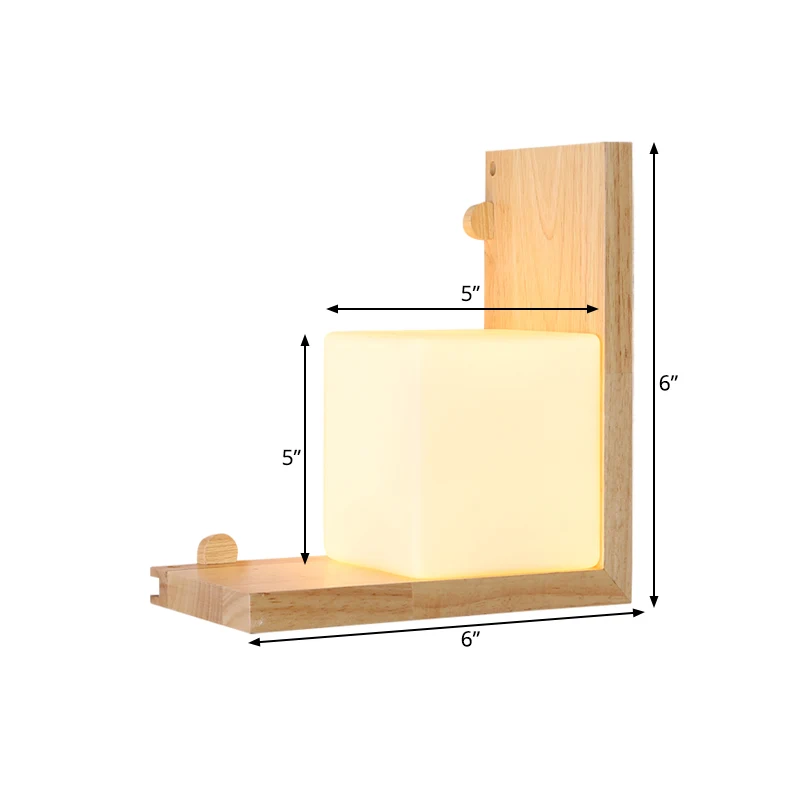 Houten haakse paneelverzonken wandkandelaar Minimalistische LED-beige wandlamp met kubusvormige opalen glazen kap Clearhalo