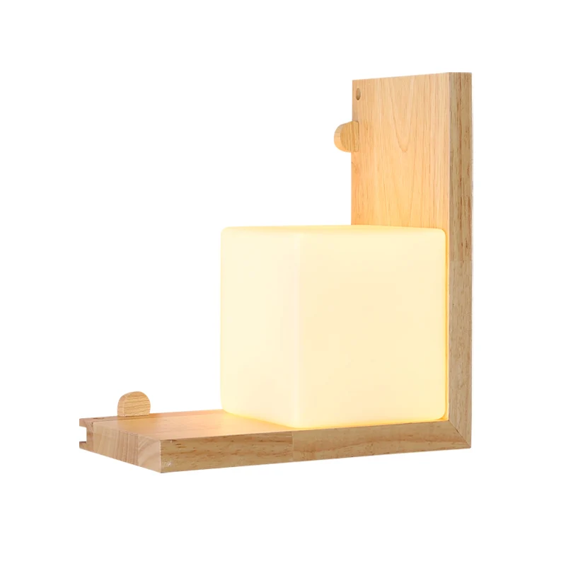 Houten haakse paneelverzonken wandkandelaar Minimalistische LED-beige wandlamp met kubusvormige opalen glazen kap Clearhalo