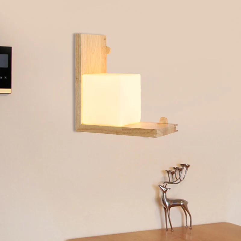 Houten haakse paneelverzonken wandkandelaar Minimalistische LED-beige wandlamp met kubusvormige opalen glazen kap Clearhalo