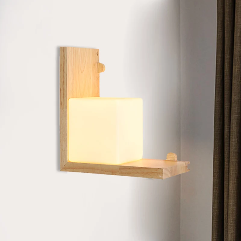 Houten haakse paneelverzonken wandkandelaar Minimalistische LED-beige wandlamp met kubusvormige opalen glazen kap Clearhalo