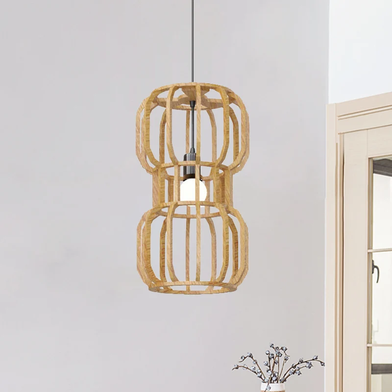 Houten halterframe hanglamp Aziatisch 1-kops beige hanglampset voor restaurant Clearhalo