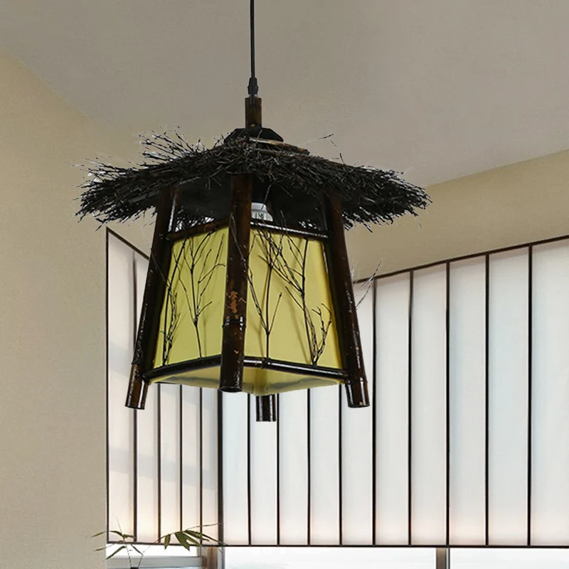 Houten handgemaakte hanglamp Japanse plafondophanglamp met 1 kop zwart Clearhalo