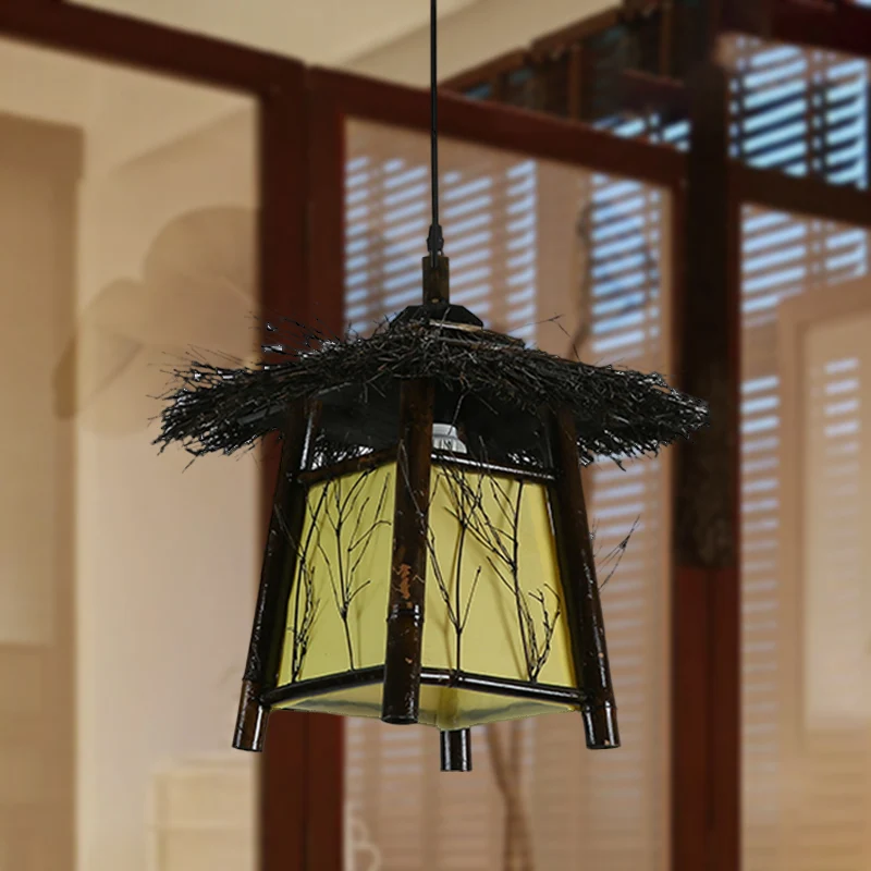 Houten handgemaakte hanglamp Japanse plafondophanglamp met 1 kop zwart Clearhalo