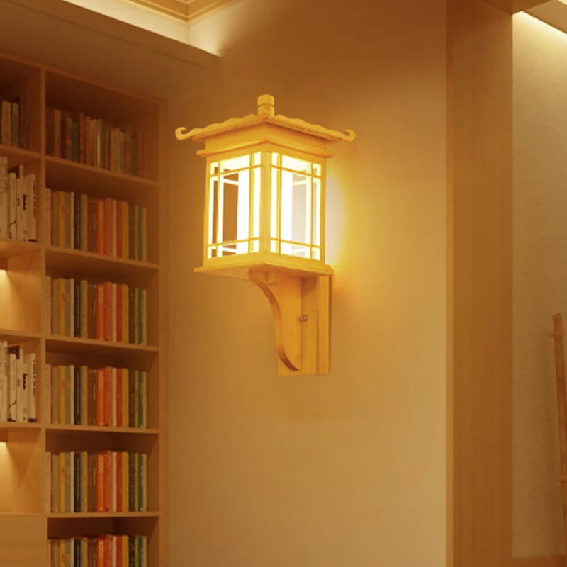 Houten Huis Wandkandelaar Lichtpunt Aziatische Stijl Enkele Lamp Beige Wandlamp Armatuur voor Restaurant Clearhalo
