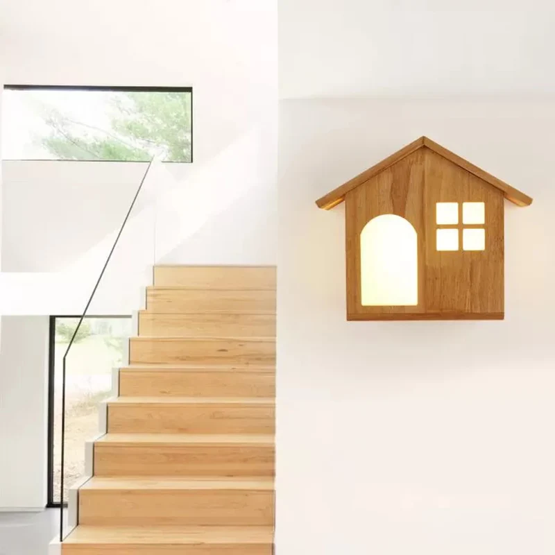 Houten huis wandlamp trap woonkamer hedendaagse schanslamp beige Clearhalo