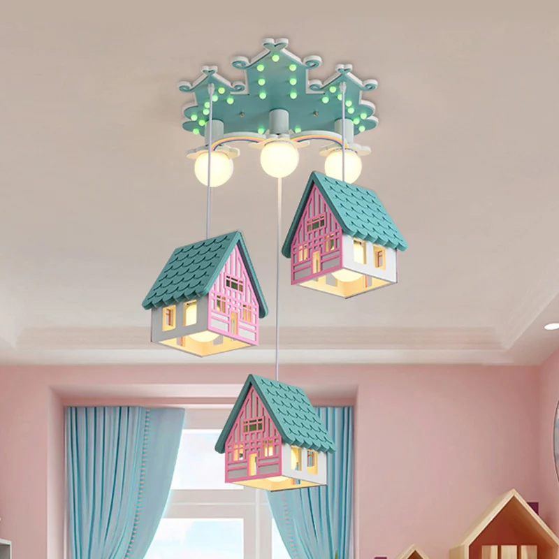 Houten huisvormige hanglamp kinderstijl 6-kops multi-lichthanger voor kinderkamer Clearhalo