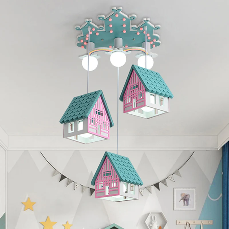 Houten huisvormige hanglamp kinderstijl 6-kops multi-lichthanger voor kinderkamer Clearhalo