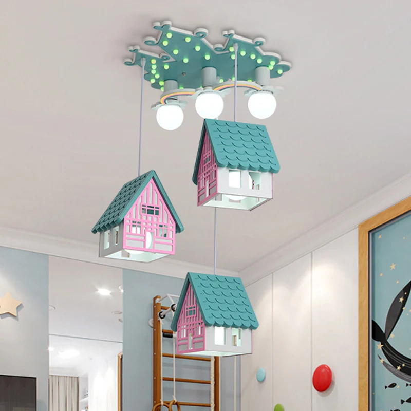 Houten huisvormige hanglamp kinderstijl 6-kops multi-lichthanger voor kinderkamer Clearhalo