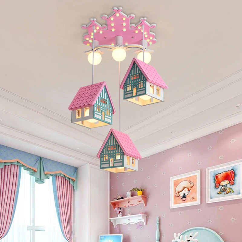 Houten huisvormige hanglamp kinderstijl 6-kops multi-lichthanger voor kinderkamer Clearhalo