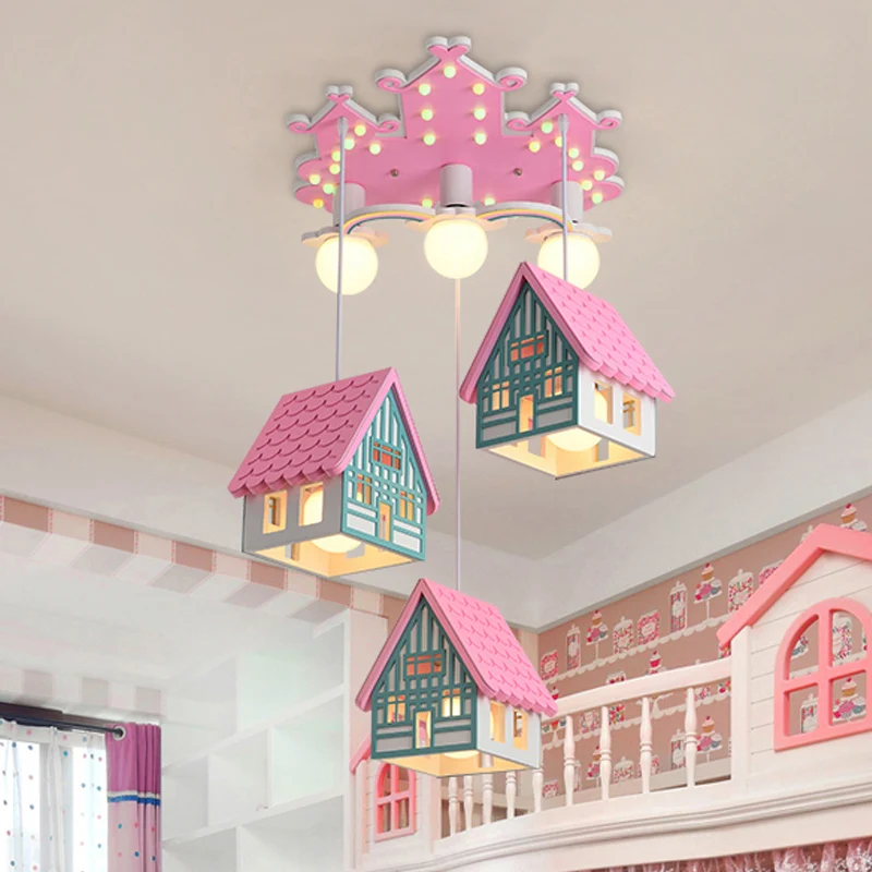Houten huisvormige hanglamp kinderstijl 6-kops multi-lichthanger voor kinderkamer Clearhalo