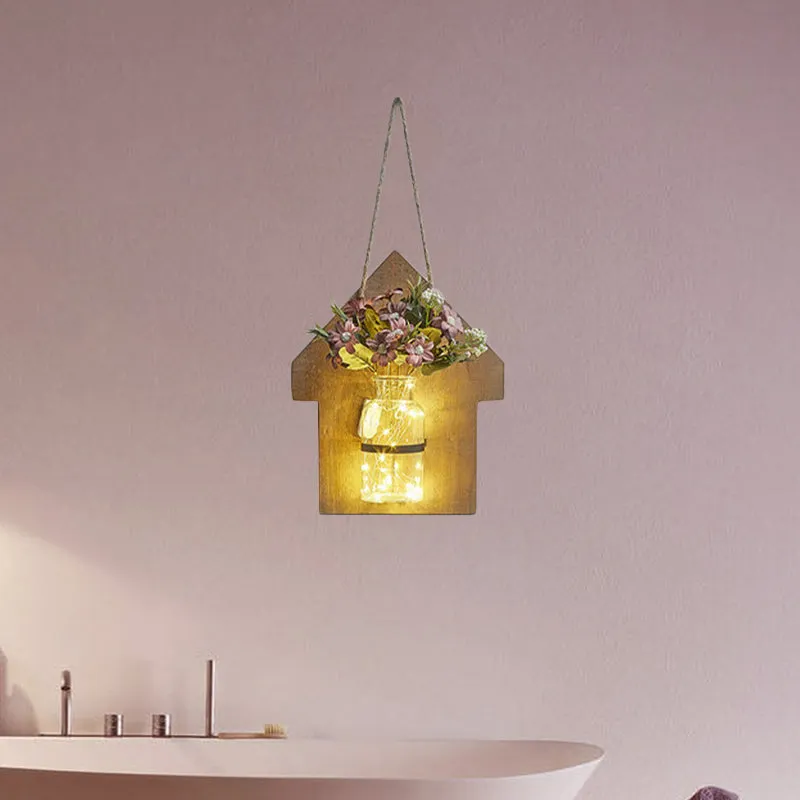 Houten huisvormige wandlamp Modern bloem/plant accentlichtslinger voor café-theewinkel Clearhalo