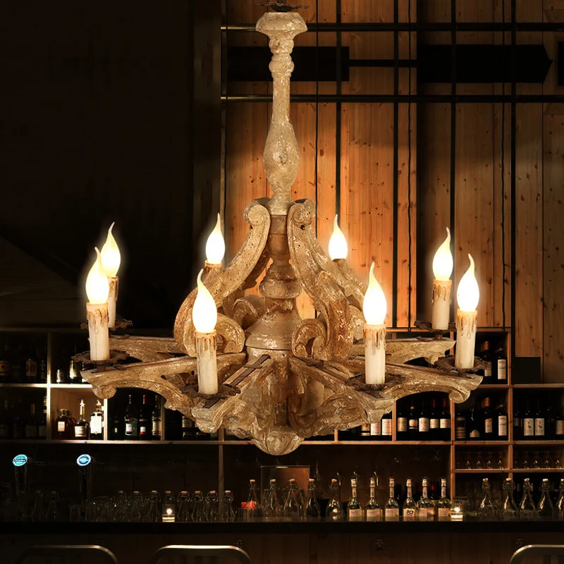 Houten kaarskroonluchterlamp Rustiek 8-koppig restauranthangend plafondlicht noodlijdend wit Clearhalo