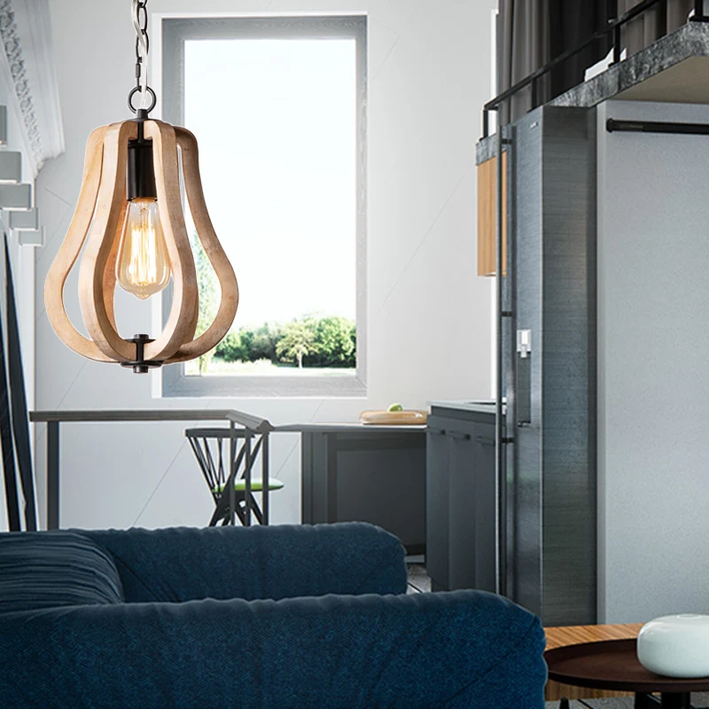 Houten kalebas hanglamp met metalen ketting Landelijke stijl 1-lichts hanglamp zwart Clearhalo