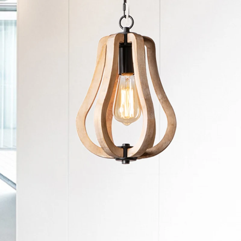Houten kalebas hanglamp met metalen ketting Landelijke stijl 1-lichts hanglamp zwart Clearhalo