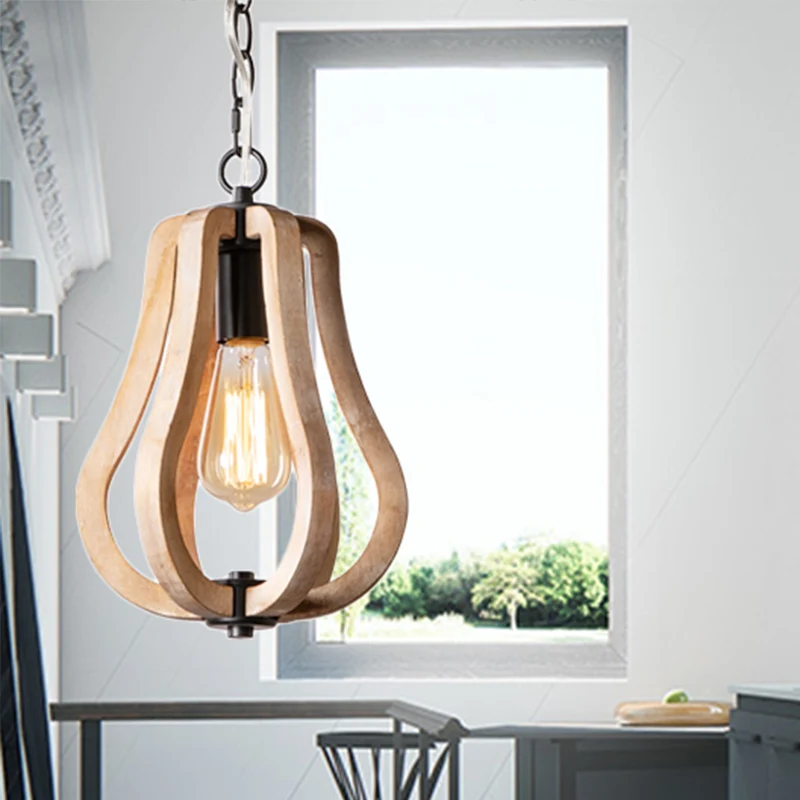 Houten kalebas hanglamp met metalen ketting Landelijke stijl 1-lichts hanglamp zwart Clearhalo