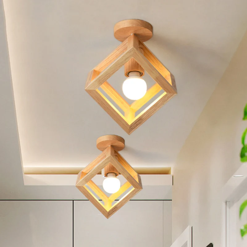 Houten kubus kooi semi-inbouwlamp Nordic 1 lamp beige plafondgemonteerde verlichtingsarmatuur voor gang Clearhalo