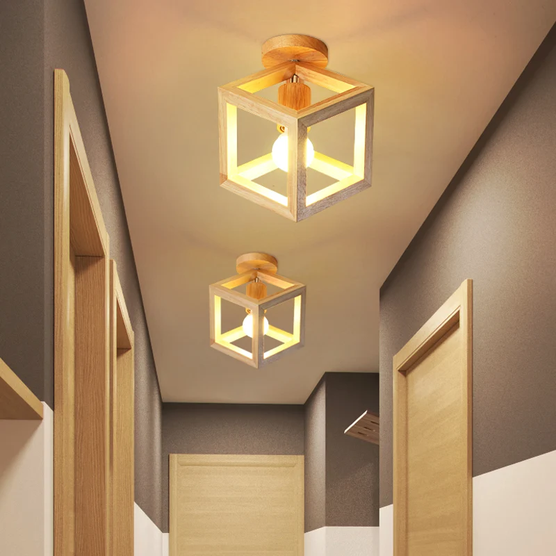 Houten kubus kooi semi-inbouwlamp Nordic 1 lamp beige plafondgemonteerde verlichtingsarmatuur voor gang Clearhalo