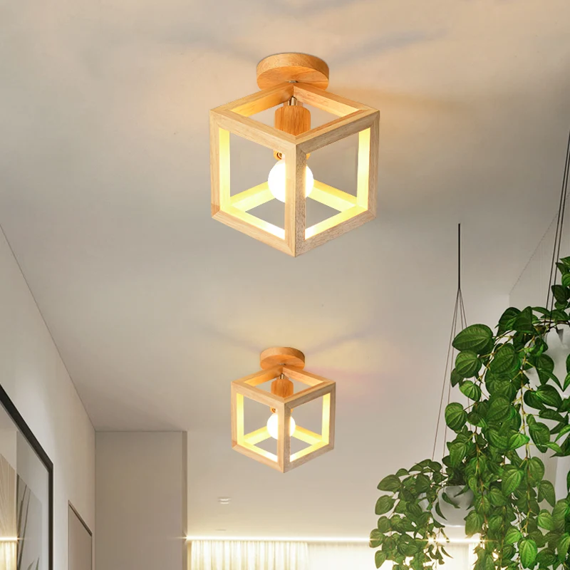 Houten kubus kooi semi-inbouwlamp Nordic 1 lamp beige plafondgemonteerde verlichtingsarmatuur voor gang Clearhalo