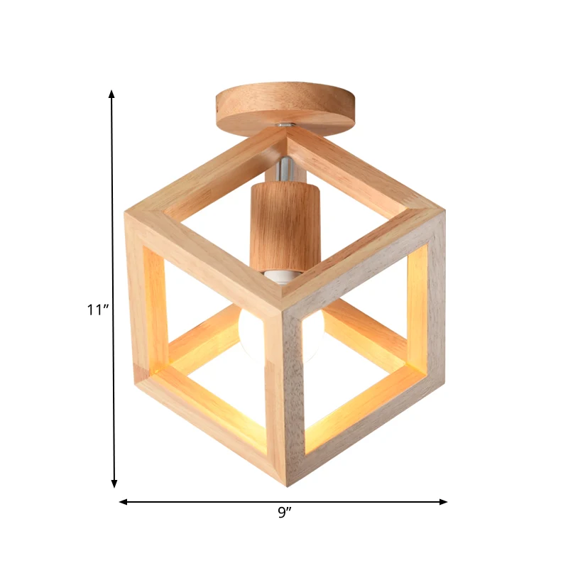 Houten kubus kooi semi-inbouwlamp Nordic 1 lamp beige plafondgemonteerde verlichtingsarmatuur voor gang Clearhalo