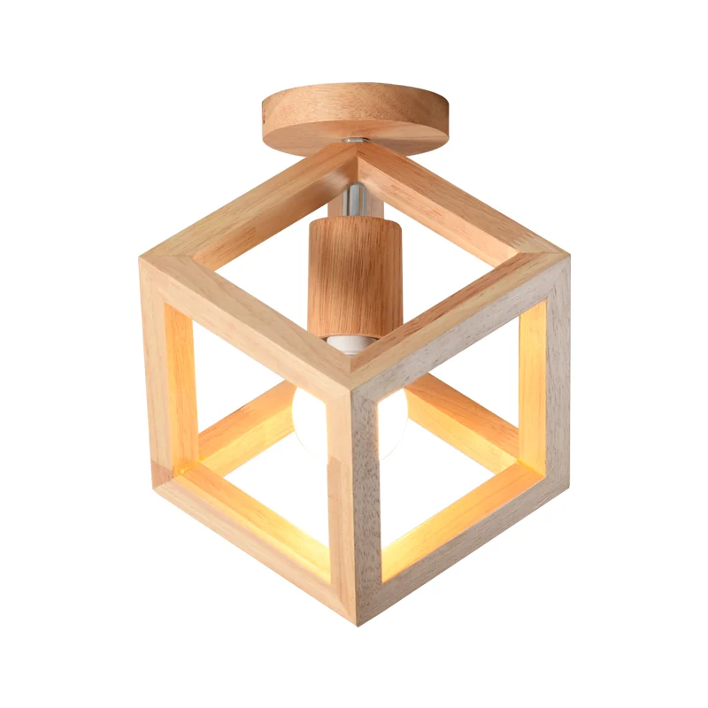 Houten kubus kooi semi-inbouwlamp Nordic 1 lamp beige plafondgemonteerde verlichtingsarmatuur voor gang Clearhalo