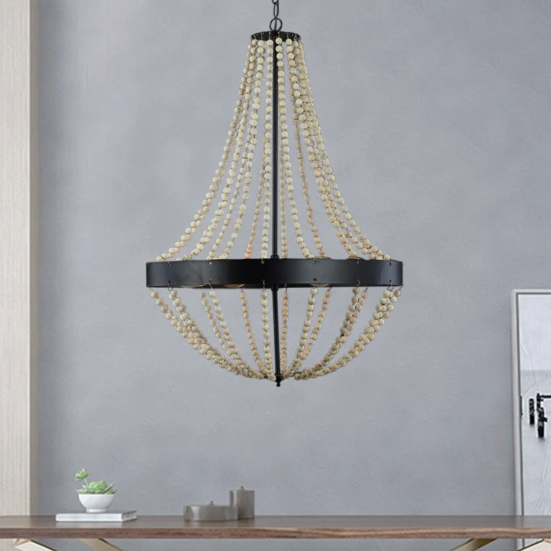 Houten lasergesneden kroonluchterlamp Retro 4-kops zwarte plafondhanglamp voor woonkamer Clearhalo